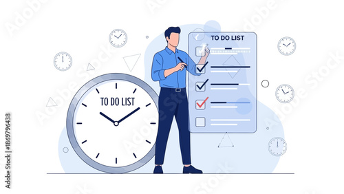 Man With To Do List and Clock - Business Planning and Time Management Concept