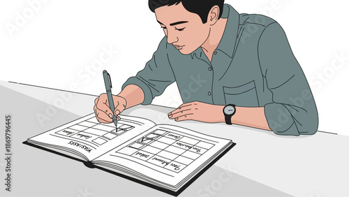 Man writing in planner, planning tasks, organization and productivity concept