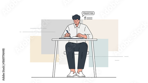 Man writing priorities in notebook at desk, planning tasks, abstract background