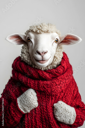 Smiling Sheep in a Cozy Red Knitted Sweater and Mittens