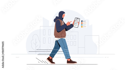 Person walking with smartphone, checking tasks or list on screen, modern urban background