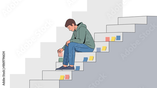 Sad Man Sitting on Stairs with Sticky Notes, Feeling Down and Overwhelmed