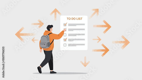 Student checking off tasks on a to-do list with multiple directional arrows