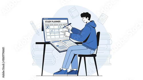 Student planning studies with calendar and books, online education concept