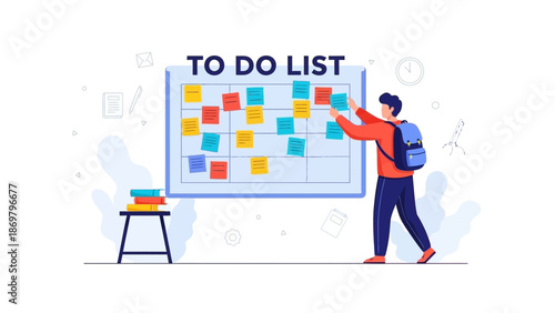 Student Planning To Do List on Board with Sticky Notes, Time Management Concept