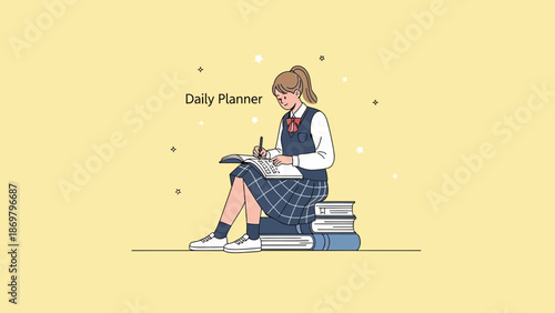Student Studying with Books and Daily Planner, Education Concept Illustration