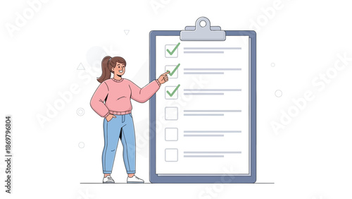 Woman checking off tasks on a checklist clipboard, task management concept illustration
