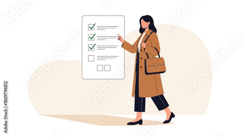 Woman checking off tasks on a checklist, modern business illustration