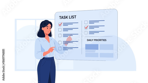 Woman checking off tasks on a digital checklist, planning daily priorities.
