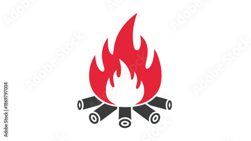 A campfire with red flames and black logs