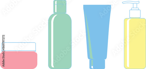 Flat design set of 4 cosmetic packaging items cream jar lotion bottle squeeze tube and pump dispenser