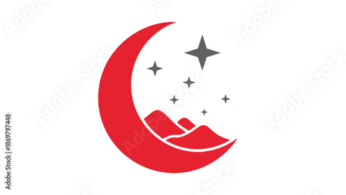 Red crescent moon with stars and mountain silhouette