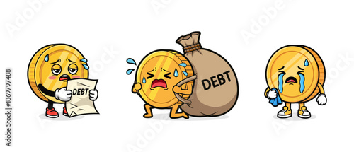 Sad Coin Character Illustration About Debt, Financial Stress, Money Problems, Loans, and Economic Pressure.