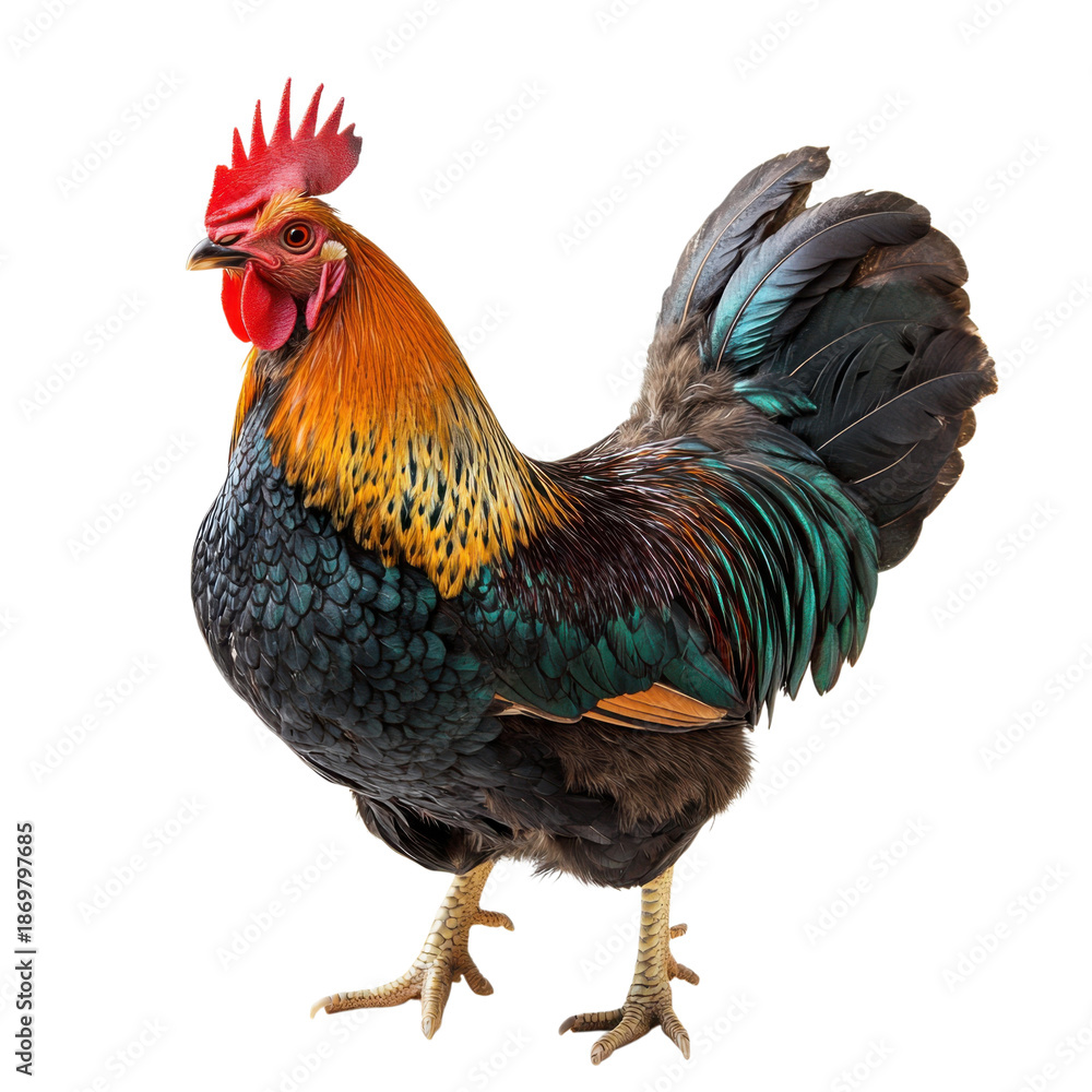 Fototapeta premium Colorful Rooster with Vibrant Feathers on Transparent Background