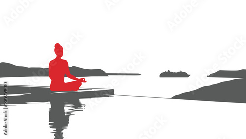 A person meditating in a serene lake environment with mountains