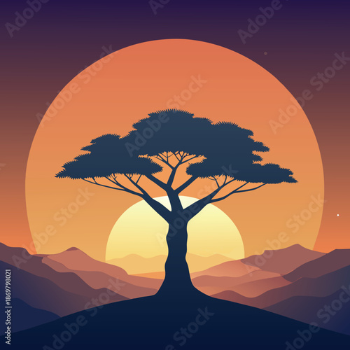 A majestic tree silhouette with glowing neural line. 