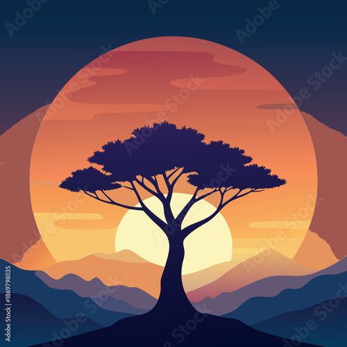 A majestic tree silhouette with glowing neural line. 