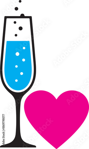 Romantic Champagne Glass and Heart Icon Vector for Love Celebration