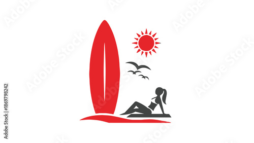 A black and red icon of a woman lying on the beach with a surfboard