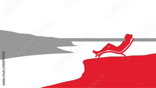 Person relaxing on cliff edge in red lounge chair with gray rope