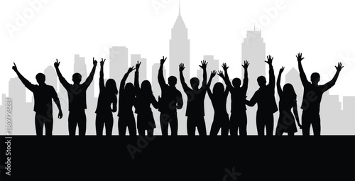 Urban celebration silhouette, city skyline background, expressive crowd, raised arms, community unity, faceless figures, public joy, grayscale design, social gathering