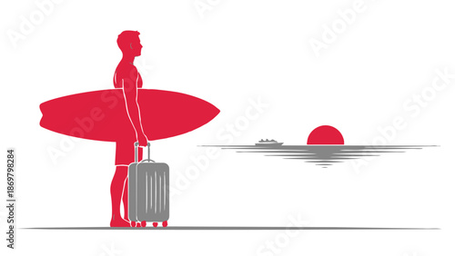 Man with surfboard and luggage walking towards ocean at sunset