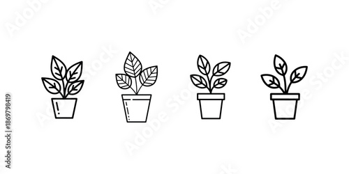 Potted houseplant icon set decorative green foliage growth nature botany garden vector symbols.