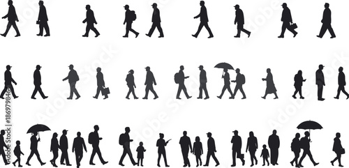 Urban walking silhouettes, diverse people, pedestrian movement, city life, black figures, everyday routine, umbrella, child, bag, crowd, motion, street, casual, lifestyle, human shapes