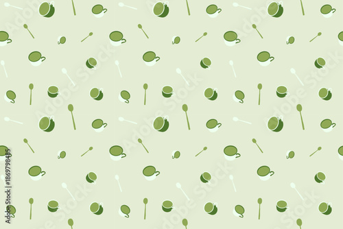 Seamless Matcha Tea Cup and Spoon Pattern on Soft Green Background