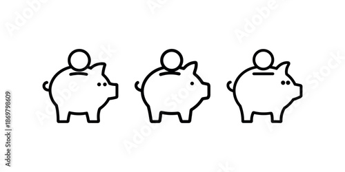 Piggy bank savings icon set featuring money coins and simple outline finance illustrations