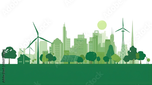 Sustainable green city skyline illustration featuring renewable energy sources like wind turbines and solar panels, representing eco-friendly urban development