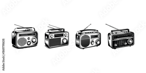 Set of retro style radio receiver vintage collection vector illustration isolated on white