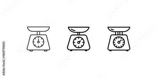 Set of three black and white line art vector icons depicting kitchen weighing scales