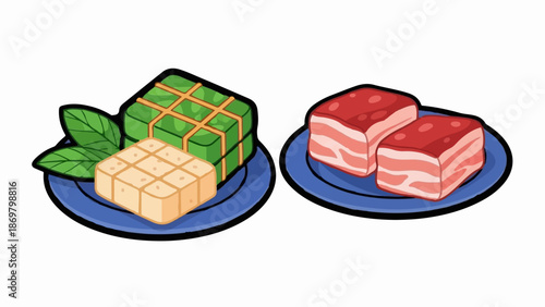 Two plates with food one with green-wrapped parcels, tofu, and leaves, the other with pork belly