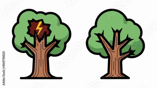 Two trees depicted, one with a lightning strike splitting its trunk
