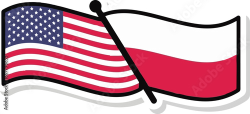 Two wavy flags, one with stars and stripes, the other with red and white horizontal bands, on a pole