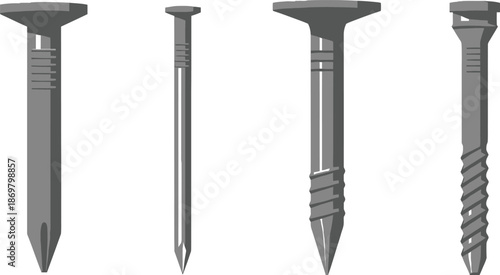 Flat vector set of 4 nail types common nail finishing nail roofing nail and masonry nail