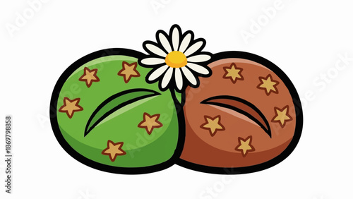 Two plump, star-decorated bean-like shapes with a daisy blooming between them