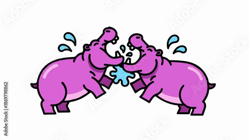 Two playful cartoon hippos splash water at each other