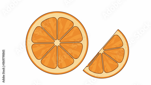 Two vibrant orange slices, one whole circle, one wedge, depicted on a white background