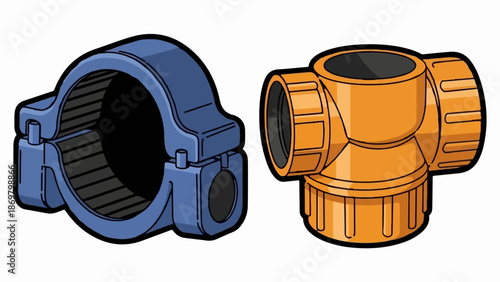 Two plumbing fittings, a blue clamp and an orange tee, rendered in a clean, illustrative style