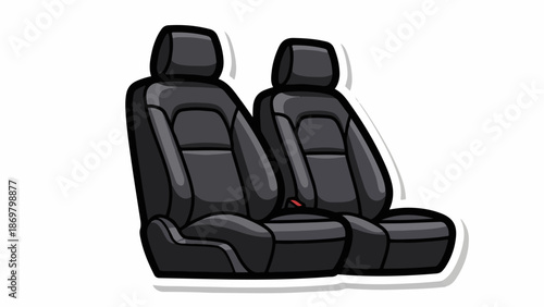 Two plush black automotive bucket seats with headrests and one seatbelt buckle visible