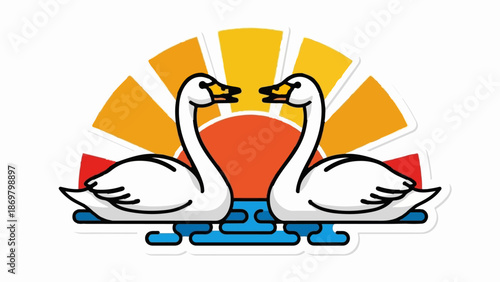 Two white swans facing each other with a sunrise background