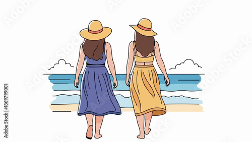 Two women in sunhats walk by the ocean with blue and yellow dresses