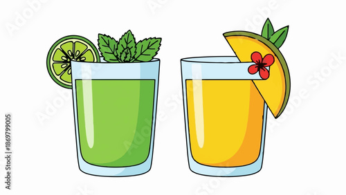 Two refreshing drinks, one green and minty, the other yellow with fruit