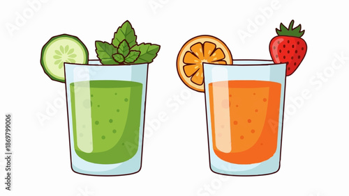 Two refreshing drinks one green smoothie with mint and cucumber, and one orange juice with a strawberry slice
