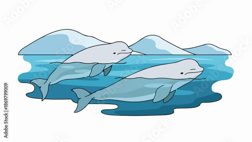 Two light-colored whales swim through icy blue water with snow-capped mountains in background