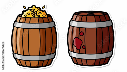 Two wooden barrels, one overflowing with golden grain, the other stained with dark red liquid