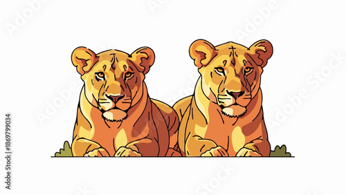 Two lions are lying down in the grass, looking forward with serious expressions