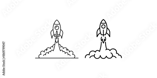 Space rocket launch icons with smoke clouds for startup business growth and exploration